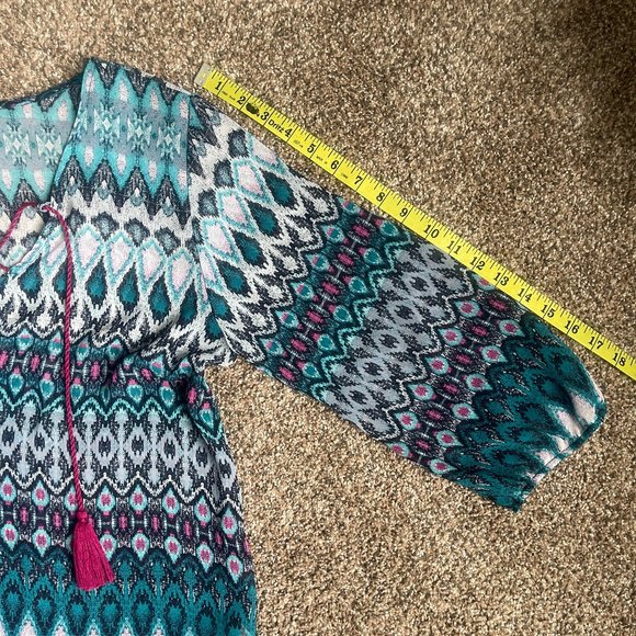 PAPERMOON Howell Tie Neck Blouse, Size Medium, Turquoise Ikat - Picture 7 of 10